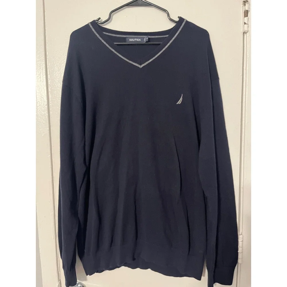 Nautica Mens XL Navy Blue V-Neck Cotton Pullover Sweater Tipped Neck Logo